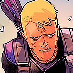 Clint grimaces. He is in his purple uniform without a mask.