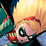 Stephanie in Robin uniform, descending from the rooftops, with a threatening smirk.