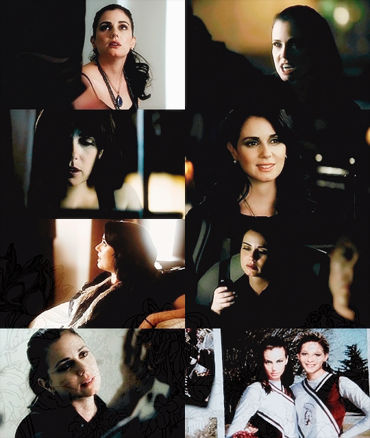 Eight pictures of Isobel Flemming in season one of The Vampire Diaries (among others, researching in her computer, threatening someone with her vampire teeth, as a cheerleader in high school, or petting her ex-husband's cheek).
