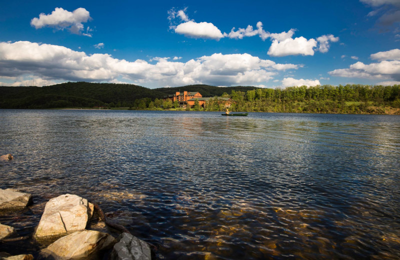 View of resort from Lake Habeeb at Rocky Gap Casino Resort.