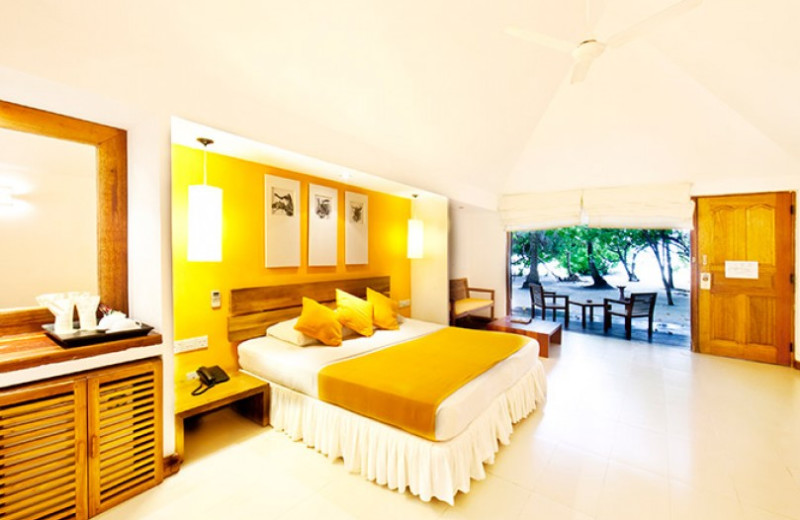 Guest room at Hudhuranfushi Surf Resort.