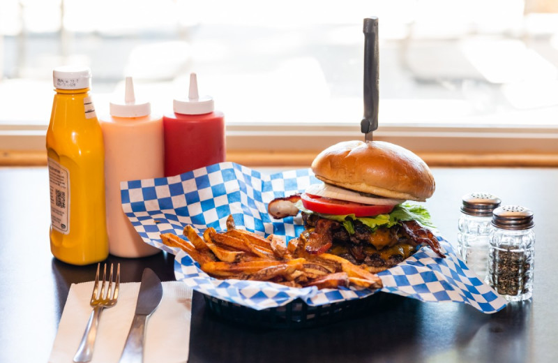 Burger and fries at North Shore Lodge & Resort.