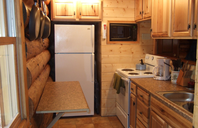 Cabin kitchen at Creeks Crossing Cabins.