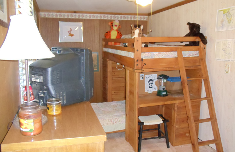 Cabin bedroom at Bear Trail Cabins.