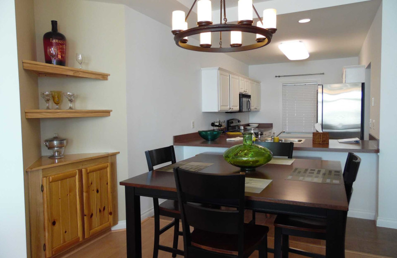 Rental kitchen at Perfect Landing Vacation Rentals.