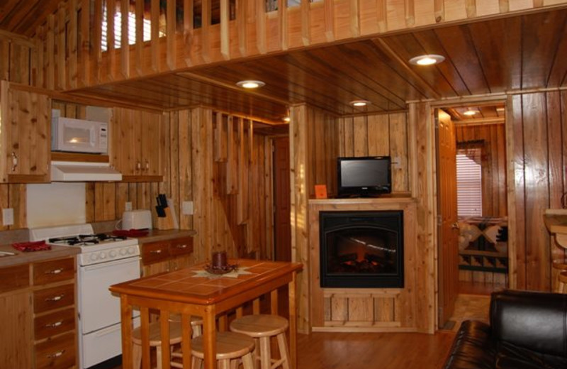 Cabin kitchen at Yogi Bear's Jellystone Park Warrens.