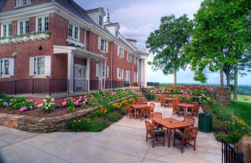 Patio seating at French Lick Resort.