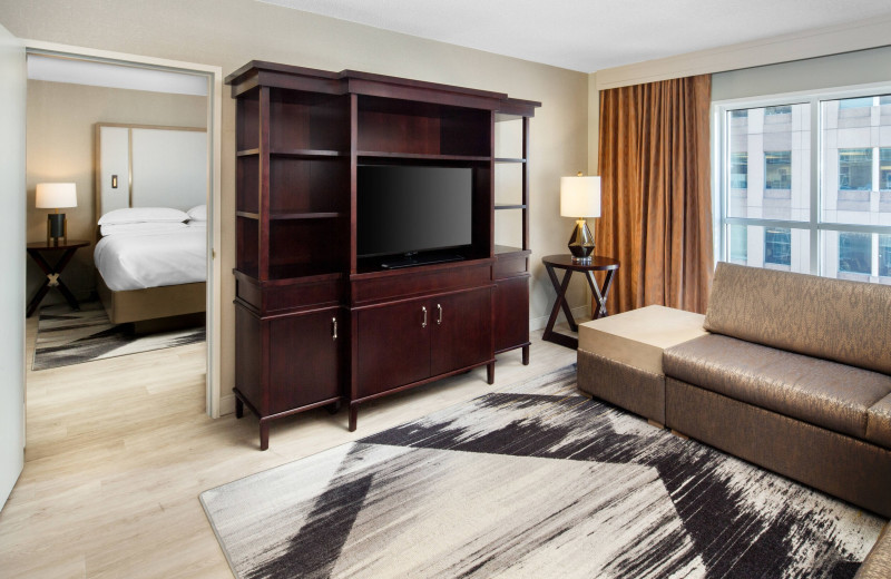 Guest room at Sheraton Raleigh Hotel.