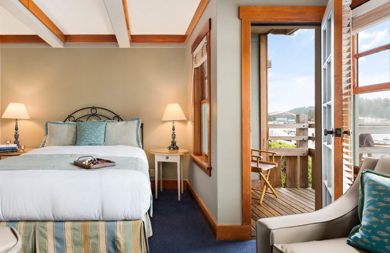 Our queen rooms have a private balcony overlooking the Swinomish Channel. 