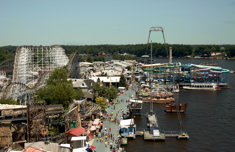 View of lake and amusement park at Indiana Beach Amusement Resort.