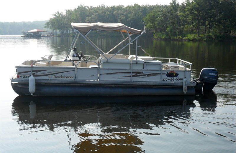 Pontoon boat on King Creek bay at King Creek Resort & Marina.