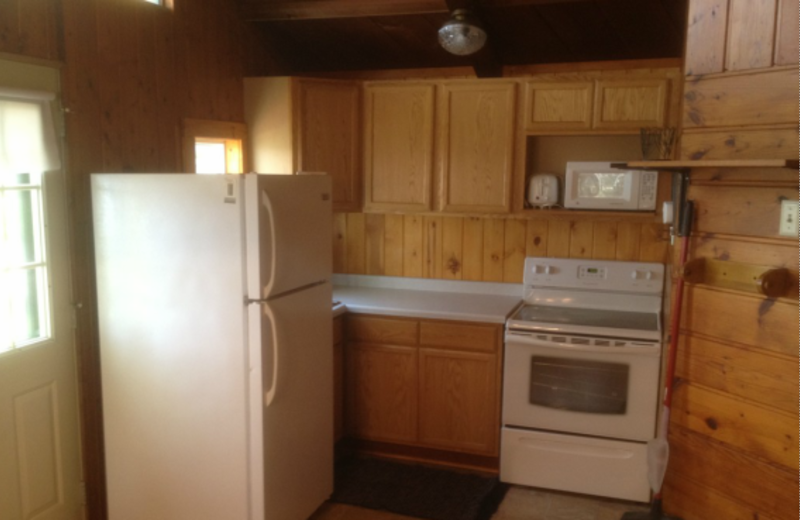 Cabin kitchen at Whispering Pines Resort.