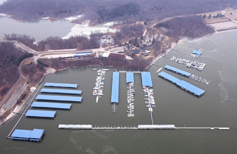 Aerial view of marina at Fourwinds Resort & Marina.