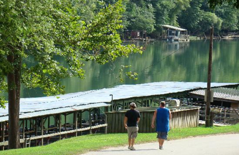 Walking along the lake at Lindsey's Rainbow Resort.