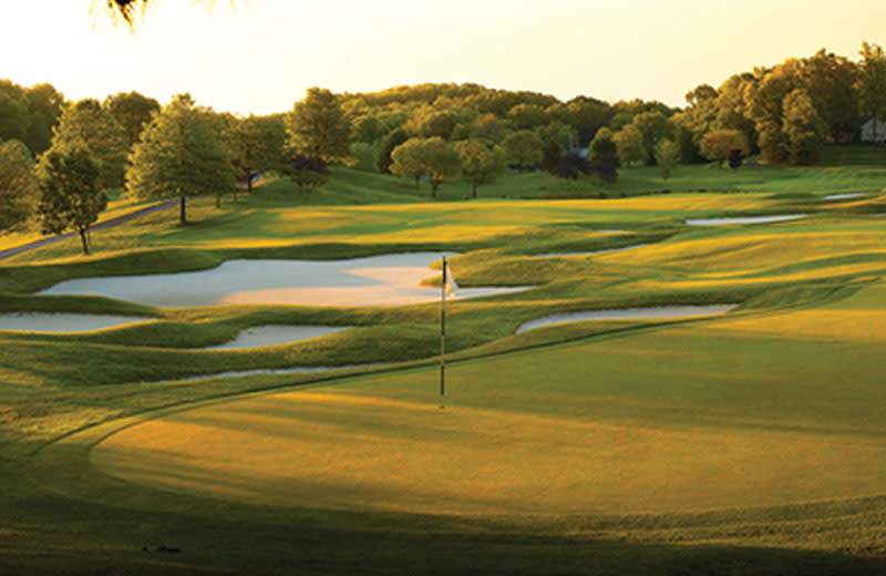 A wide-angle view of a putting green.