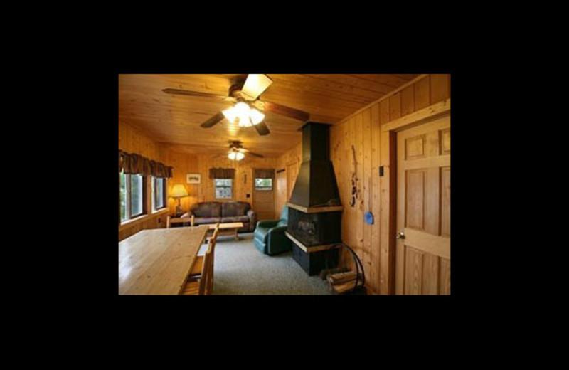 Cabin living room at Broadwater Lodge.