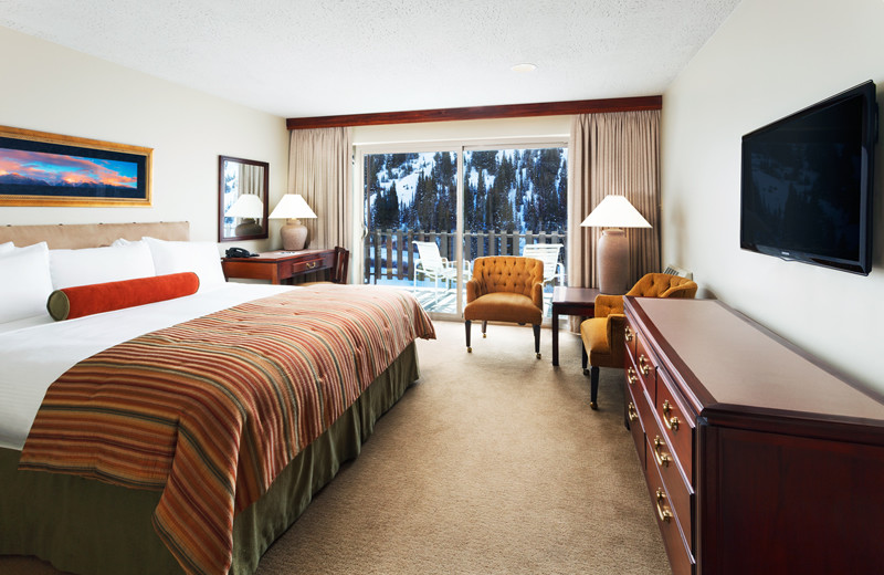King Bed, Complete Bathroom, Balcony and Full Mountain View at Alta's Rustler Lodge.