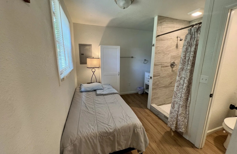 Cabin bedroom at Copper John's Resort.