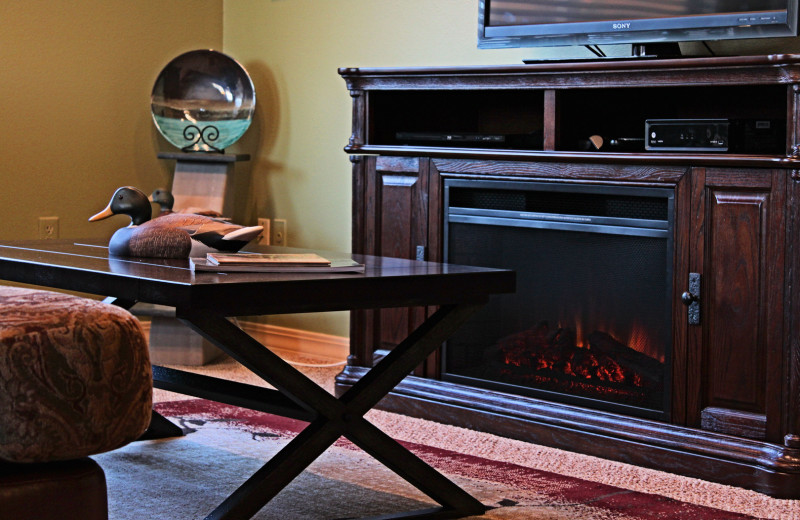 Fireplace at Blue Water Bungalow.