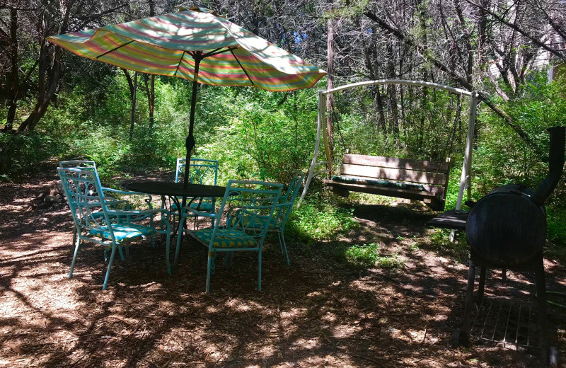 Cabin patio at Creekside Camp & Cabins.