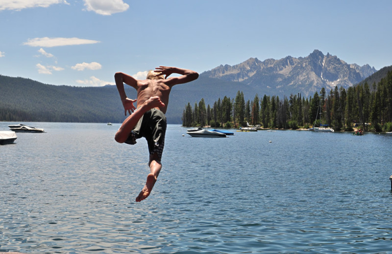 Jumping into the lake at Redfish Lake Lodge.