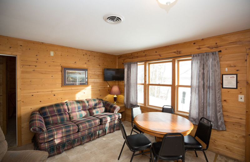 Guest cabin living room at River Bend's Resort & Walleye Inn.