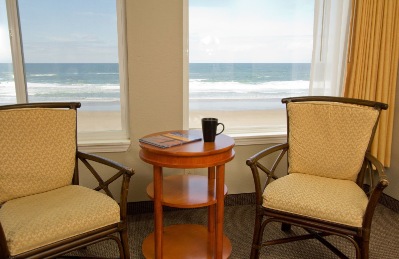 Beach view guest room at Pelican Shores Inn.