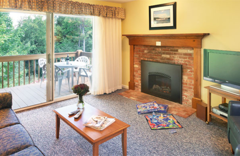 Fireplace and private porch at Summit Resort.
