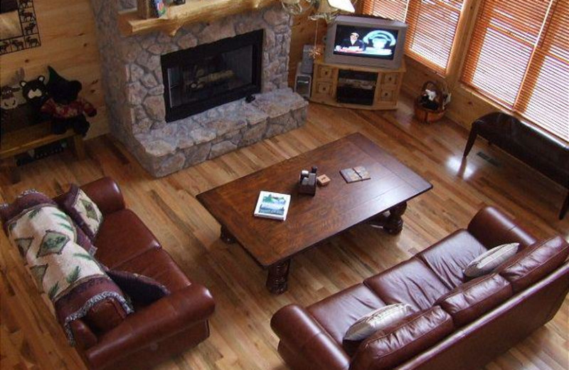 Living room of Crockett Mtn Lodge, situated around the gas log fireplace and adjoining the kitchen and dining room area.