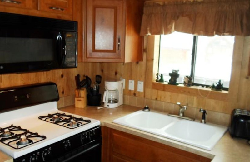 Cabin kitchen at Cedar Pines Resort.