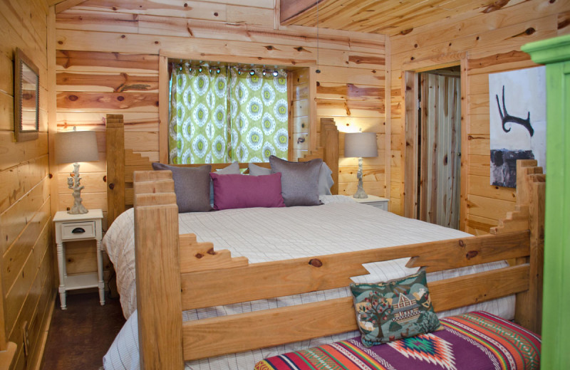 Cabin bedroom at Lake Mountain Cabins.