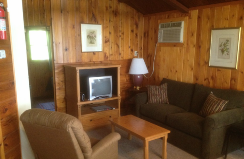 Cabin living room at Whispering Pines Resort.