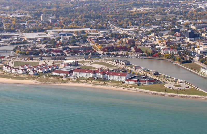 Aerial view of Blue Harbor Resort on the shores of Lake Michigan.