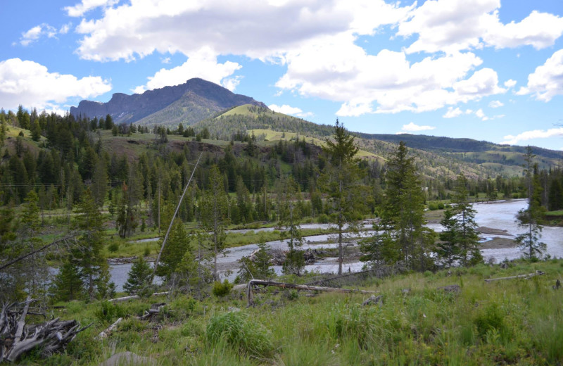 Mountain view by the river at Shoshone Lodge & Guest Ranch.