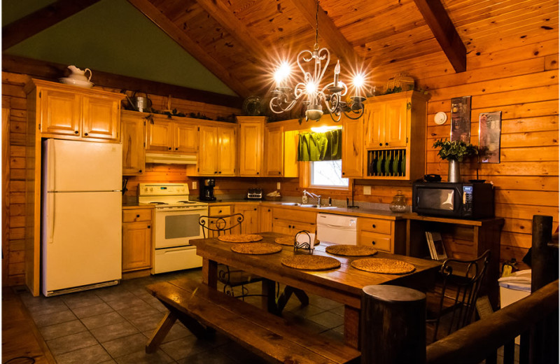 Cabin kitchen at Whispering Hills Cabins.