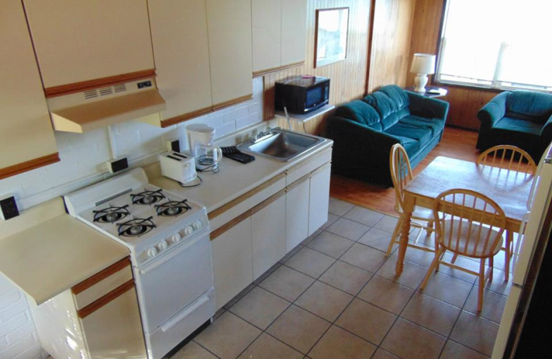 Cabin kitchen and living room at The Depe Dene Resort.