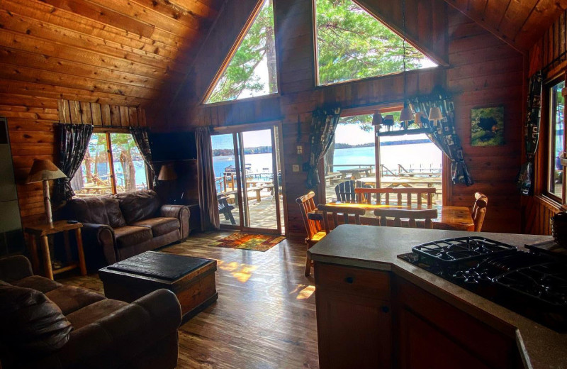 Cabin living room at Angler's Haven Resort.