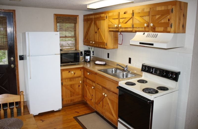 Cabin kitchen at Arkansas White River Cabins.