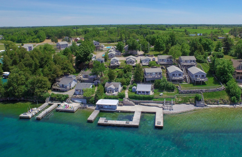 Aerial view of Angel Rock Waterfront Cottages.