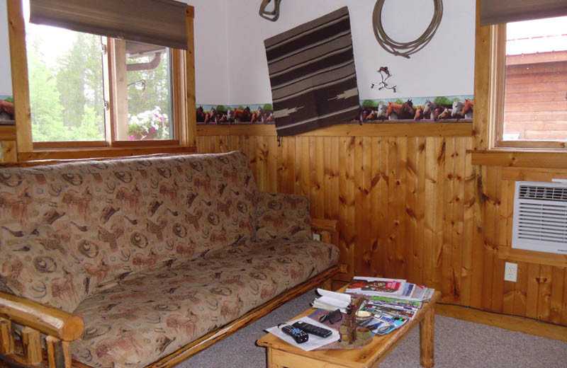 Cabin living room at Glaciers' Mountain Resort.