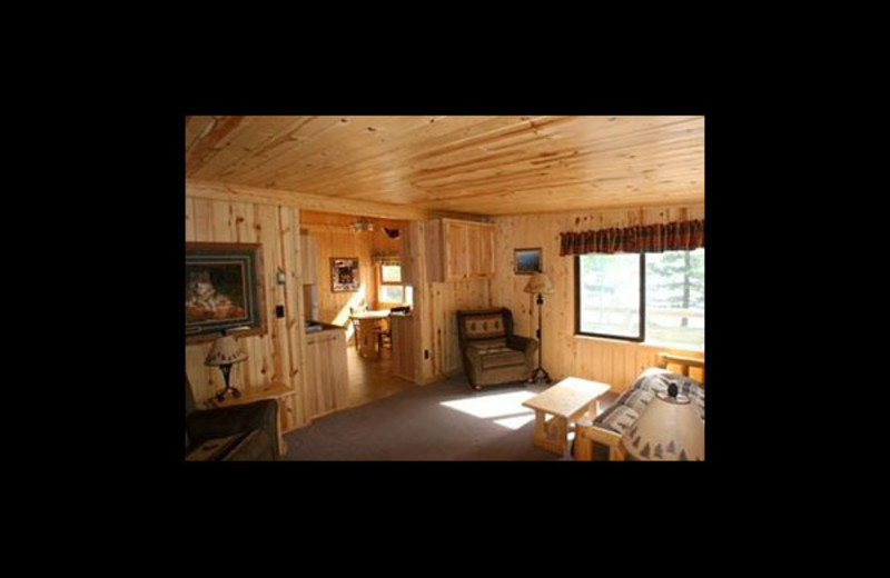 Cabin living room at Broadwater Lodge.