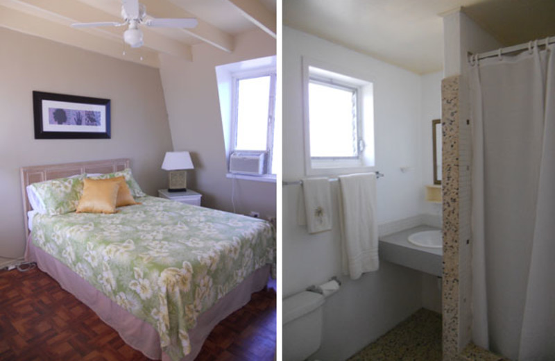 Rental bedroom and bathroom at Paradise Cove Resort.