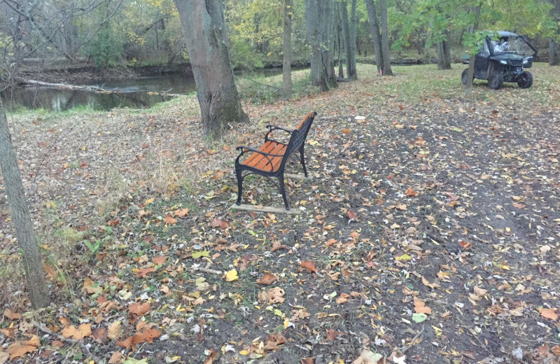 Bench along river at Acorn Lodge.