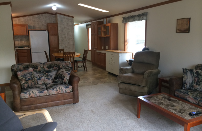 Cabin living room at Arnesen's Rocky Point Resort.
