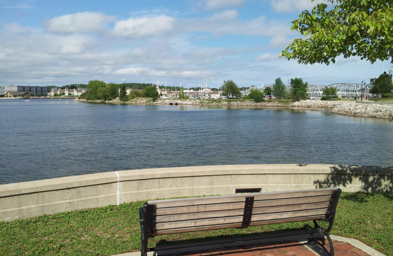 Bench by the lake at Bridgeport Waterfront Resort.