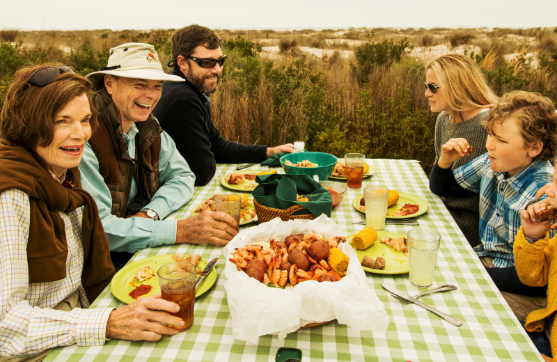 Enjoying a beach view Low Country Boil lunch at the Lodge on Little St. Simons Island.