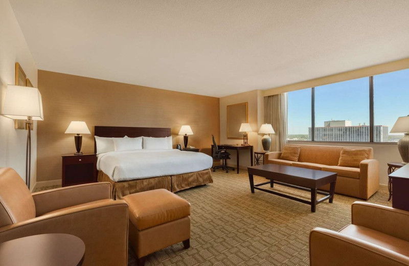 Guest room at Hilton Fort Wayne at the Grand Wayne Convention Center.