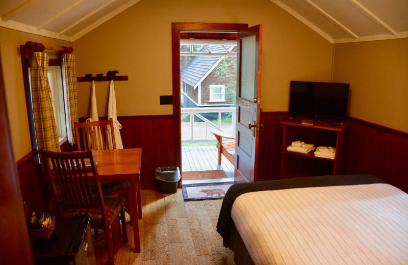 Cabin bedroom at Johnston Canyon Lodge & Bungalows.