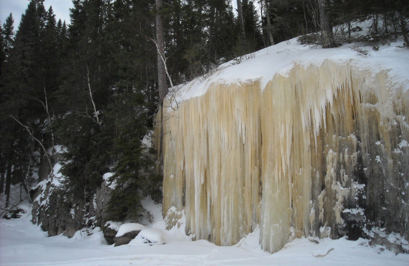 Frozen waterfall at Voyagaire Lodge and Houseboats.