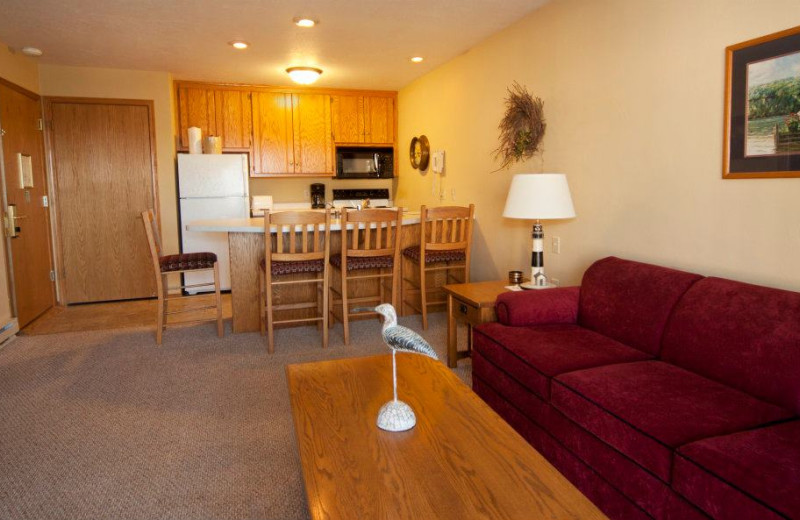 Guest kitchen and living room at Westwood Shores Waterfront Resort.